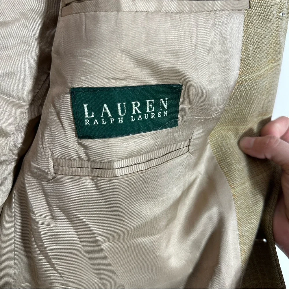 Lauren Ralph Lauren Wool Silk Linen Blend Tan Brown Plaid Blazer Jacket